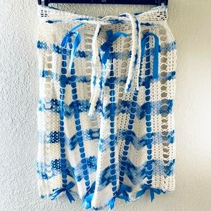 Vintage Handmade Crocheted White and Blue Half Apron with Tieback-bows